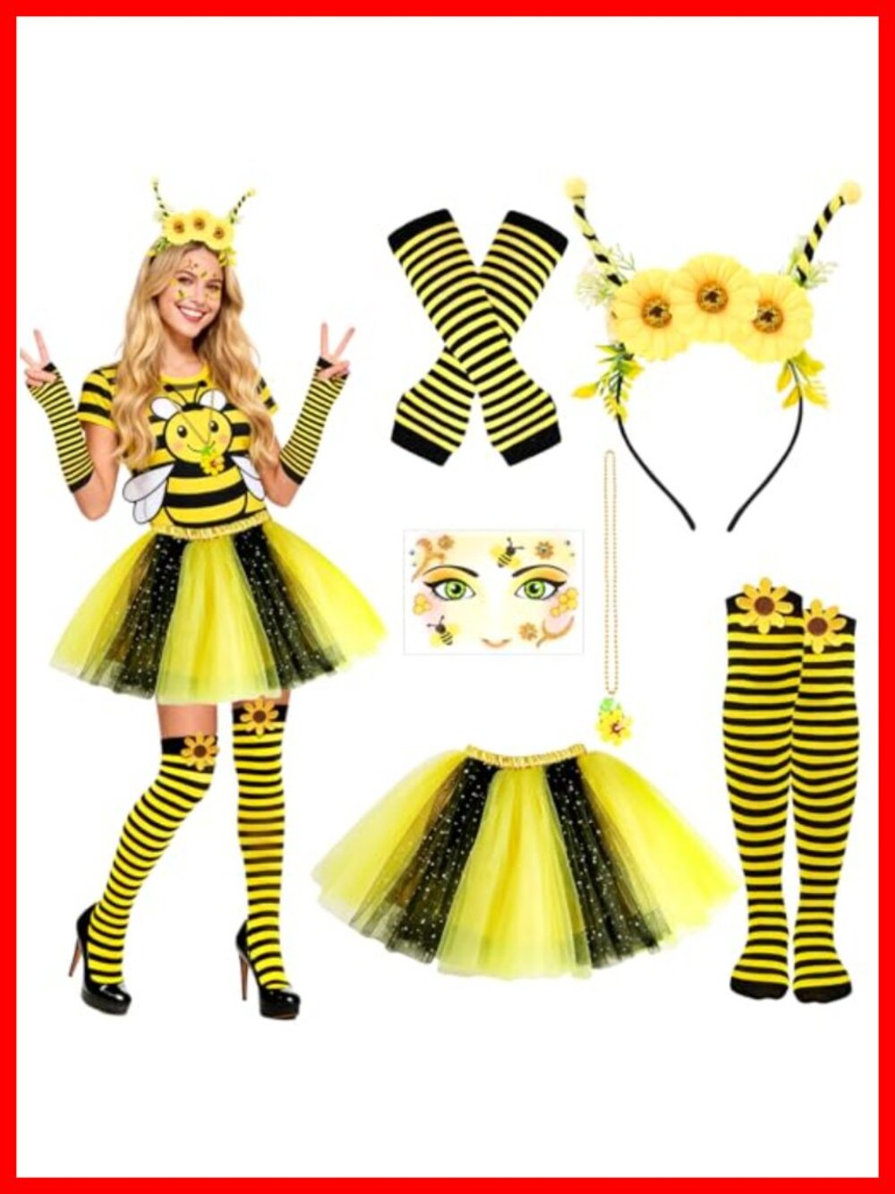Women's Bee Costume Set 6pc Tutu Headband Socks Necklace Halloween Party